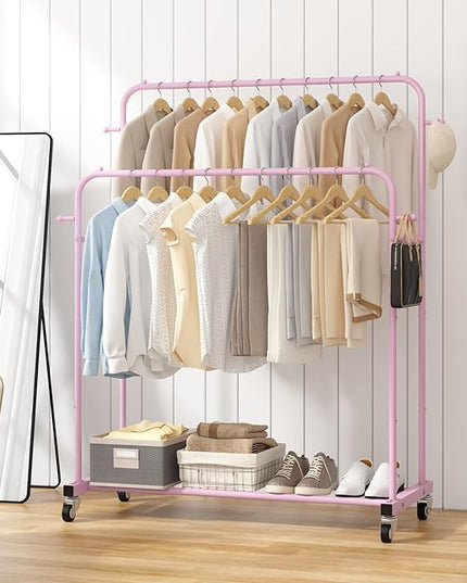 Laiensia Double Rods Garment Rack with Wheels, Clothing Rack for Hanging Clothes,4 Hooks, Multi-Functional Bedroom Clothes Rack, Pink