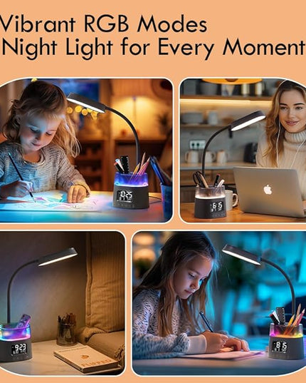 WILIT LED Desk Lamp for College Dorm Room Essentials, Students Study Lamp with Charging Station, Pen Holder, Clock & RGB Night Light, Office Desk Accessories, Table Lamp for Bedroom - Gray