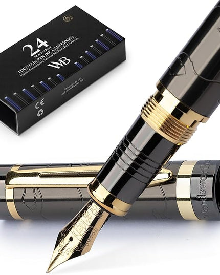 Wordsworth & Black Primori Fountain Pen Set [Gunmetal Gold]; Extra Fine Nib, Gift Case, 24 Ink Cartridges, Refill Converter, Manual; Journaling, Calligraphy, Smooth Writing Pens; Left and Right Handed