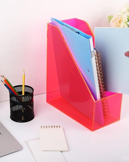 Acrylic Magazine Rack Desk File Holder Organizer for Office Desktop Vertical Magazine Storage Box, 12 x 10 x 5'', Neon Pink