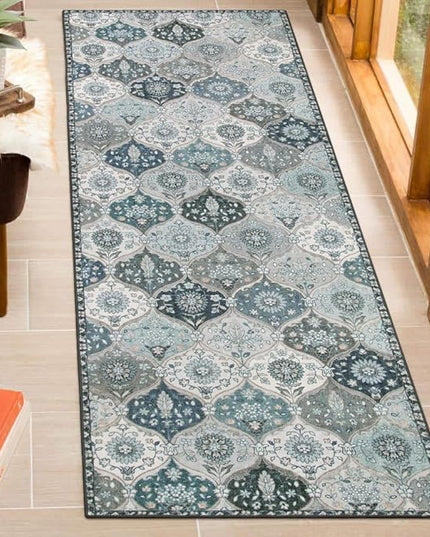 Lahome Moroccan Trellis Washable Runner Rug, 2x6 Runners for Hallways 6 Feet Non Slip Vintage Laundry Room Rug Vintage Ultra-Thin Long Carpet for Kitchen Bedroom, Blue