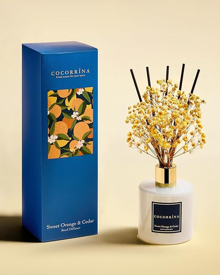 COCORRÍNA Reed Diffuser - Sweet Orange & Cedar 6.7 Fl.oz Reed Diffuser Set with Sticks & Preserved Baby's Breath, Reed Diffuser for Home Bathroom Shelf Decor