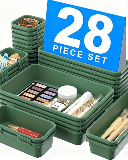 A-LuGei 【𝟮𝟴𝗣𝗖𝗦】 【𝟱𝗦𝗶𝘇𝗲】 ArmyGreen Drawer Organizer, Makeup organizer, 【Holds 177 Items】 Bathroom Organizers and Storage, Plastic Desk Organizer Divider, Organizer Bins for Office Vanity
