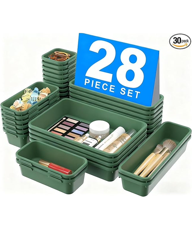 A-LuGei 【𝟮𝟴𝗣𝗖𝗦】 【𝟱𝗦𝗶𝘇𝗲】 ArmyGreen Drawer Organizer, Makeup organizer, 【Holds 177 Items】 Bathroom Organizers and Storage, Plastic Desk Organizer Divider, Organizer Bins for Office Vanity