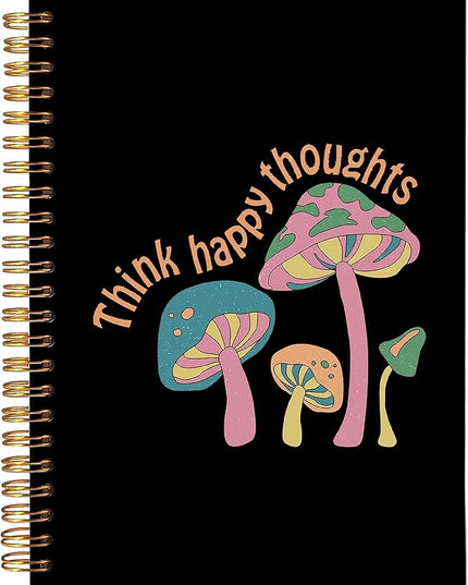 VNWEK Think Happy Thoughts Mental Health Retro Hippie Magic Mushroom Spiral Notebook Journal 5.5 x 8.3 inches,Motivational Lined Hardcover Spiral Notebook,Positive Gifts for Women Teen Girls