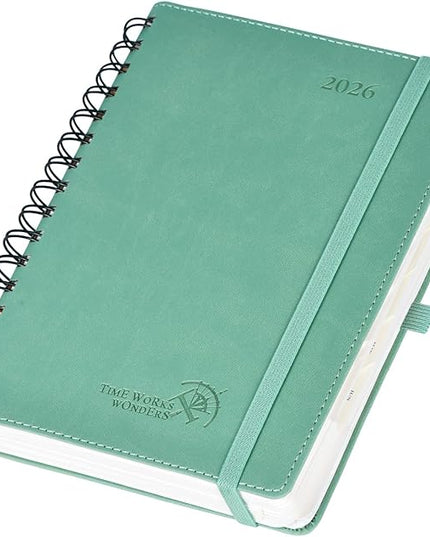 POPRUN 2026 Daily Planner One Page per Day (Medium 6'' x 8.5'') - 12 Months Calendar Appointment Book with Hourly Slots, Inner Pocket, Monthly Tabs, Pen Holder - Midnight Green