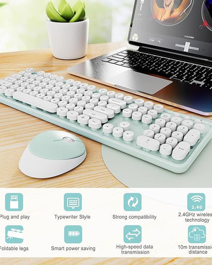 Wireless Keyboard and Mouse Combo, Ergonomic Full Size Typewriter Retro Round Keycaps Keyboard, Compatible with Windows, PC, Perfer for Home and Office Keyboards（Green）