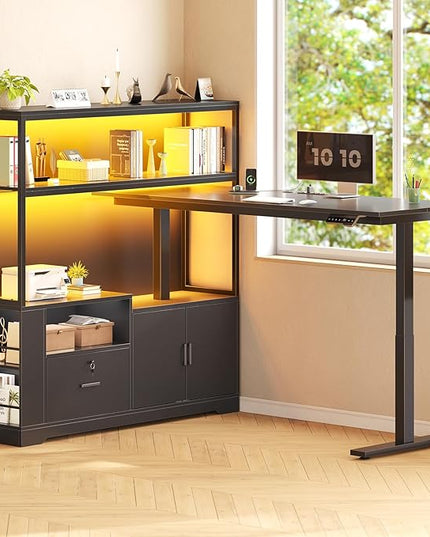 SEDETA 56.7" L Shaped Standing Desk, Reversible Computer Office Desk with Drawers & Hutch, Stand Up Corner Gaming Desks with LED Lights & Power Outlets for Home Office, Black