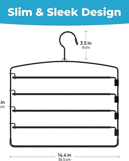 Fontaines Luxury 5 Tier Pants Hangers 4 Pack - Ultra Slim & Space Saving - Heavy Duty Metal Swivel Hook with Swing Arm for Clothing, Jeans, Slacks, Skirts, Leggings & Dress Pant Closet Organization
