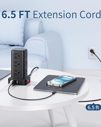 Surge Protector Power Strip 6.5 FT Cord, Power Strip Tower with 4 USB Ports (1USB C), Extension Cord with 12 AC Multiple Outlets, Home Office Supplies Desk Accessories, Dorm Room Essentials
