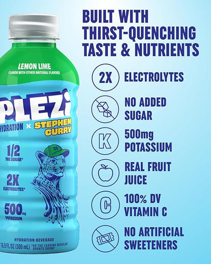 PLEZi Lemon Lime Hydration Drink x Stephen Curry - Sports Drinks with 2X Electrolytes - 500mg Potassium, Low Sugar, No Added Sugar - For Kids & Adults - 16.9 Fl Oz (12 Pack)