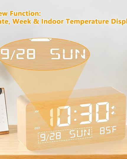 Fomobest Wooden Digital Alarm Clock for Bedroom -Desk Clock with Date, Day of Week, Temperature, Dual Alarms, Dimmer, USB Port Charge, DST, Adjustable Volume for Living Room/Office Wood Decor (Bamboo)