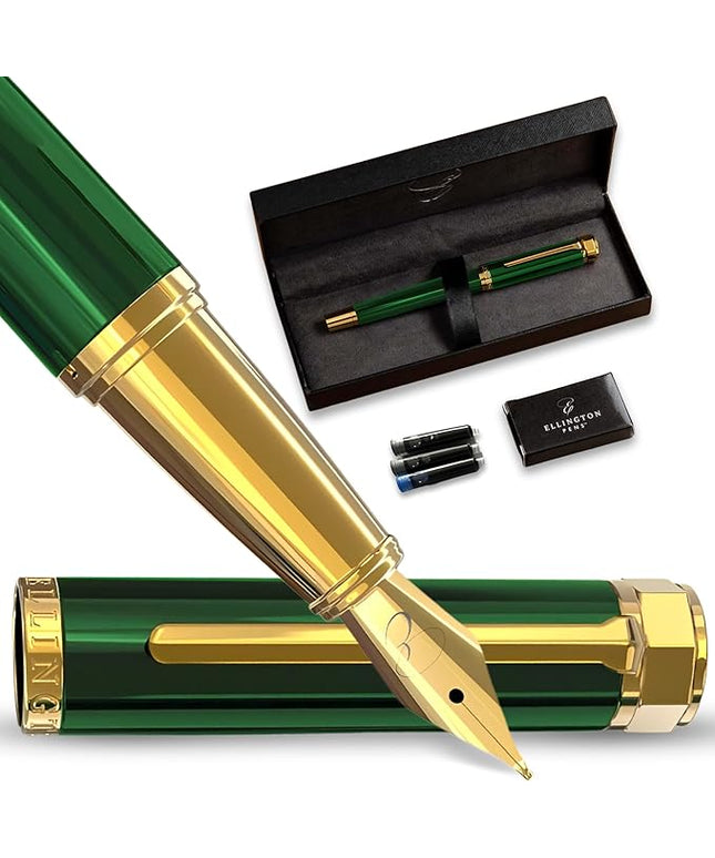 Ellington Pens Luxury Fountain Pen Set - Smooth Medium Nib - Includes 3 Ink Cartridges, Refillable Ink Converter, Box - Fountain Pens For Writing, Calligraphy, Journaling, Sketching (Emerald Enigma)