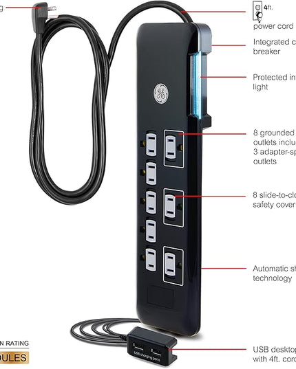 GE UltraPro 8 Outlet Surge Protector with USB Charging Dock, 2 USB Ports, 2160 Joules, 4' Cord, Black, 34117