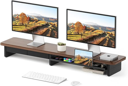 Large Dual Monitor Stand For Desk,43 Inch Desktop Computer Riser with Metal Drawer Desk Shelf Organizer For Computer/Laptop/PC/Printer/TV