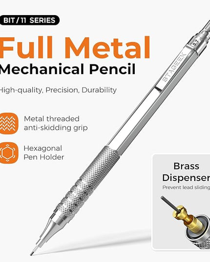 35Pcs Art Mechanical Pencil Set with Case, 0.5 0.7 0.9 2.0 Graphite Metal Drawing Drafting Pencils, Sharpener Erasers 384PCS Lead Refills (6B 4B 2B HB 2H 4H Colors)Pencils for Writing Sketching,Silver