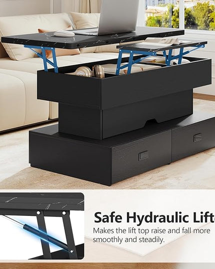 Turosur 40" Lift Top Coffee Table, LED Coffee Tables with Storage and 4 Drawers, Coffee Table with Lifting top for Living Room Home Office, Black