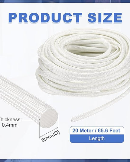 uxcell Insulation Cable Protector,6mm/0.24 Inch-20m/66 Feet High Temp Fiberglass Sleeve White
