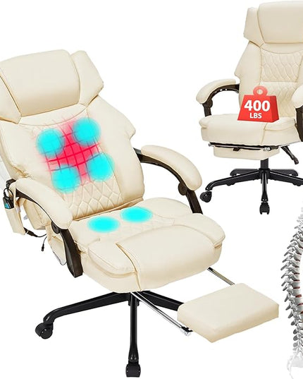 Massage Office Chair with Foot Rest 6 Points Vibration and Heat Home Office Desk Chairs for Heavy People 400lbs Reclining Managerial Chairs Ergonomic Executive Chair (Cream)