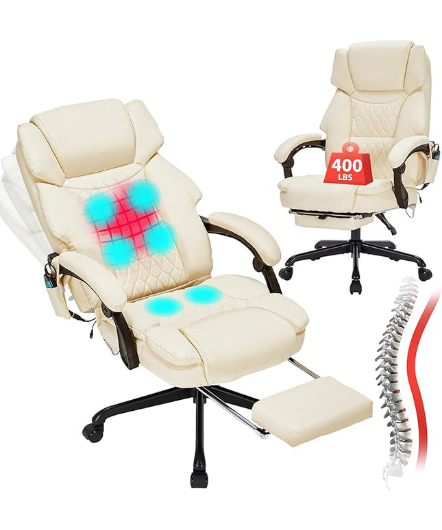 Massage Office Chair with Foot Rest 6 Points Vibration and Heat Home Office Desk Chairs for Heavy People 400lbs Reclining Managerial Chairs Ergonomic Executive Chair (Cream)