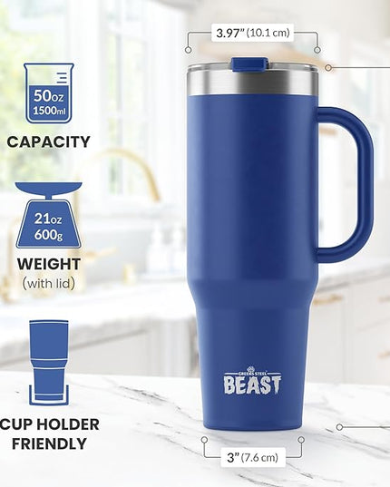 Beast 50 oz Tumbler with Handle Stainless Steel Vacuum Insulated Coffee Ice Cup Double Wall Travel Flask (Royal Blue)