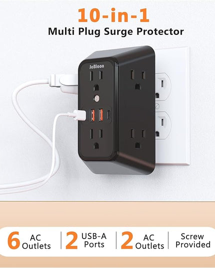 USB Wall Charger Power Strip Surge Protector with 4 USB Ports (2 USB C) Plug Extension Multiple Outlets Plug Extension Multi Outlet Plug in Adapter Spaced Outlets for Home Office Travel,White (Black)