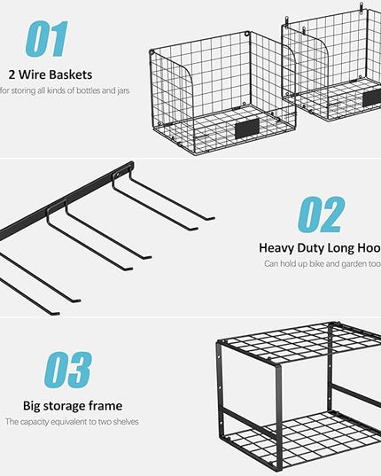 Garage Shelf Wall Mounted with Wire baskets, Heavy Duty Garage Wall Shelving with Garden Tool Rack and Hooks, Wire Shelf Baskets Tool Organizer for Home Garden Yard Organization and Storage