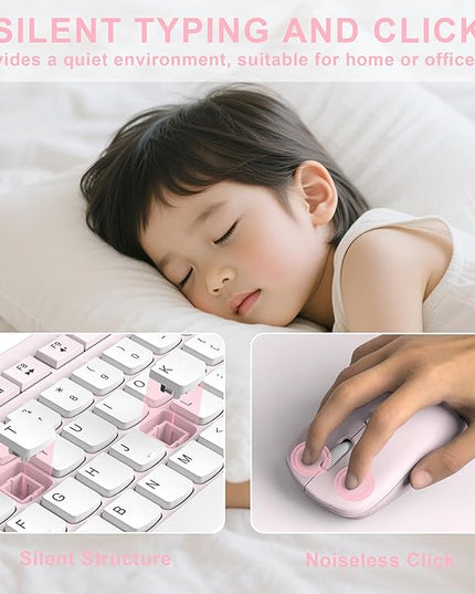Wireless Keyboard and Mouse Combo, Full-Sized Quiet Wireless Keyboard and Adjustable DPI Mouse, 2.4GHz USB Receiver, Keyboard and Mouse for PC, Windows, Desktop, Laptop (Pink and White-B)