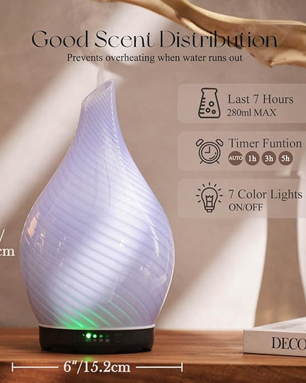 Porseme 280ml Essential Oil Diffuser Glass Color Changing Aroma Air Diffusers Aromatherapy Ultrasonic Cool Mist Humidifier 7 Running Hours Waterless Auto-Off for Sleeping, Yoga, Spa (Pure Purple)