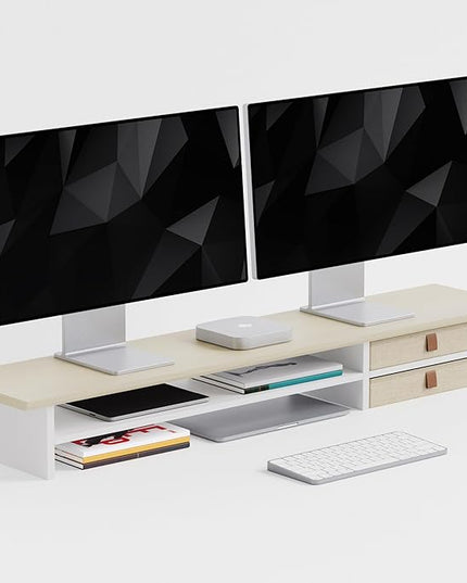 Dual‑Tier Monitor Stand Riser with Drawers, Desktop Organizer Shelf Storage for Computer Screen 2 Monitors, Supports for PC Computer Monitor, Printer, Heavy TV Riser Beige and White