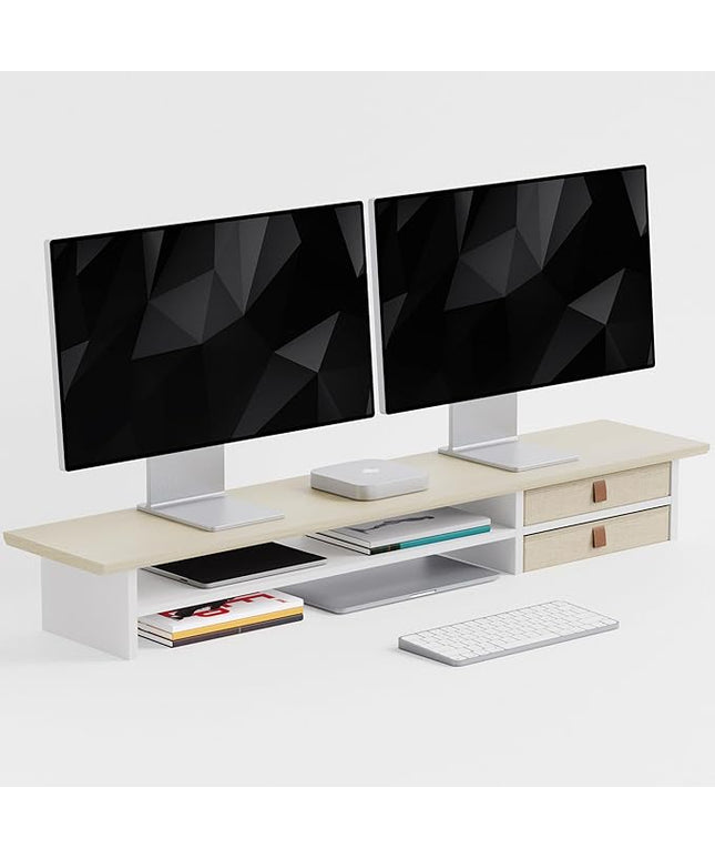 Dual‑Tier Monitor Stand Riser with Drawers, Desktop Organizer Shelf Storage for Computer Screen 2 Monitors, Supports for PC Computer Monitor, Printer, Heavy TV Riser Beige and White