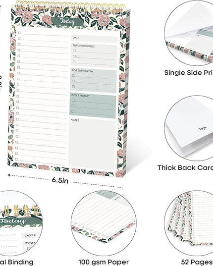 Taja To Do List Notepad - To Do List Notebook for Work with 52 Sheets, Undated Daily Planner Perfect for Daily Tasks and Goal Setting, Notepad Suitable for Office, Home & School - Rose Meadow