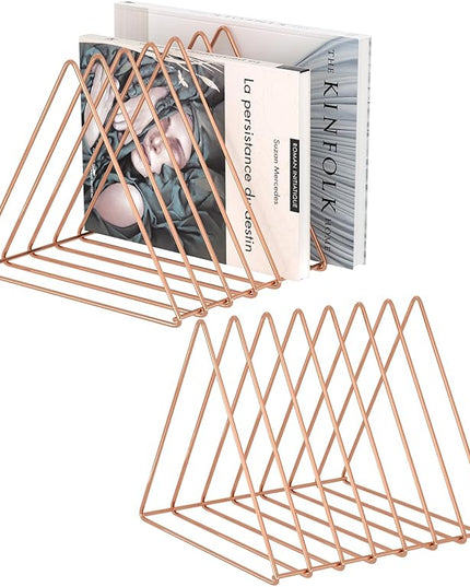 Urban Deco Triangle Desk Organizers Metal Wire Magazine Holder 7 Sections Decorative Vinyl Record Storage Office File Organizer For Desk - Rose Gold Magazine File Holder - 2 Pack