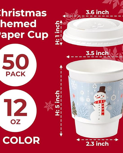 Fit Meal Prep 50 Pack 12 oz Christmas Disposable Coffee Cups with Lids, Sleeves, Leak-Proof To Go Coffee Cups with Lids, Durable Holiday Hot Paper Cups for Home, Office, Party, Business