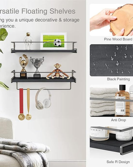 Forbena Black Floating Shelves for Bathroom Wall Set of 2, Kitchen Spice Rack Wall Mount, Modern Wood Hanging Wall Shelves for Bedroom Organizer, Restroom Pantry Closet Storage (Grey-Black)