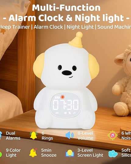 Dog Alarm Clock with Night Light for Kids with Sleep Training and Sound Machine, Rechargeable Silicone Lamp OK to Wake Clock，Cute Animal Tabletop Lamp, Perfect Sleep Companion for Boys Girls