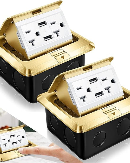 Hoolerry 2 Pack Pop up Floor Electrical Outlet Cover Box Kit with 4.8A USB Charger 20Amp Waterproof Weatherproof Floor Tamper Resistant Outlet Receptacle for Countertop Home (Gold)