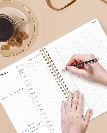 Daily Planner Undated - B5 To Do List Notebook Hourly Schedules, Spiral Appointment Planner for Women and Men, PVC Hardcover, Inner Pocket, Elastic Closure, 7" x 10", Blue Watercolor