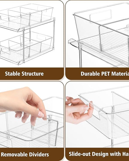 Pull-Out Home Organizer, 2 Pack 2 Tier Clear Bathroom Organizer with Dividers, Multipurpose Vanity Counter Tray, Kitchen, Closet Organizers, Cabinet & Storage Container Bins