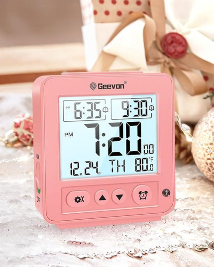 Geevon Smart Night Light Small Digital Alarm Clock with 2 Increasing Beep Alarm, Indoor Temperature, Battery Operated Travel Clock for Bedroom, Bedside, Desk(Pink)