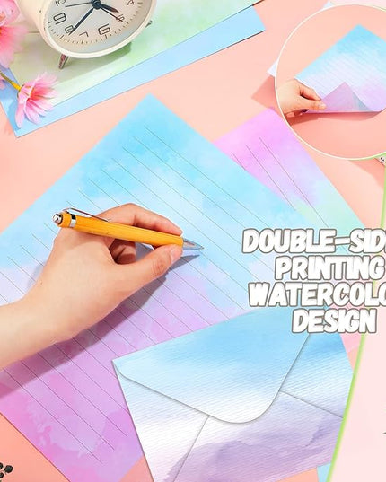 TaoBary 160 Pcs Stationery Paper Set 50 Double Sided Stationery Papers with 50 Matching Envelopes and 60 Round Dot Sticker, 10 Design(Watercolor,8.5 x 11 Inch)