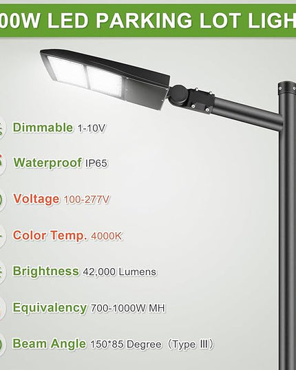 300W LED Parking Lot Light 4000K Neutral White, 40500lm, DLC Premium UL Listed, Slip Fitter Mount, 1-10V Dimmable, 20KV Surge Protection, Shoebox Area Light