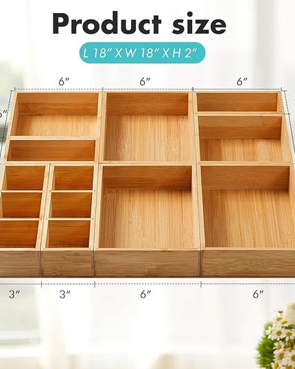 Fabsome Drawer Organizer, Set of 9 Bamboo Wood Kitchen Makeup Desk Junk Tea Drawer Storage Boxes Bins for Cutlery Silverware Utensils Flatware, Small Wooden Container Tray for Bathroom, Office