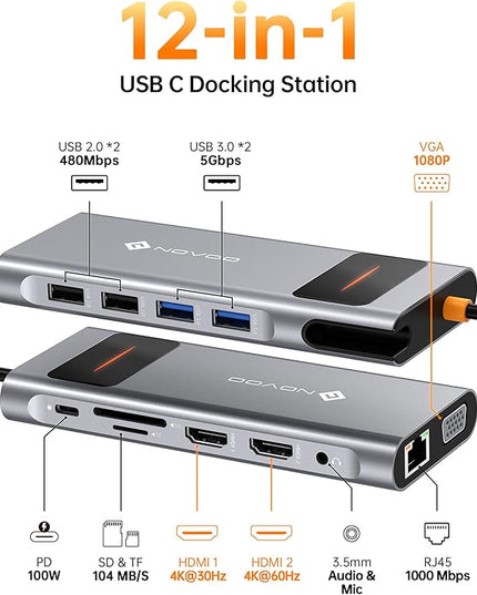 NOVOO USB C Docking Station Dual Monitor HDMI for Dell HP Laptop Type USB C Hub Multiport Adapter Thunderbolt 3 Dongle to 2 HDMI 4K Ethernet 4 USB PD SD TF Audio for Lenovo Surface