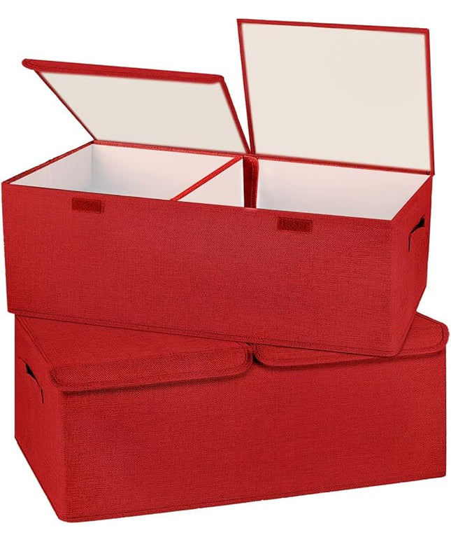 2 Pack Large Storage Boxes with Lids and Handles, Collapsible Linen Storage Bins Organizer Containers Baskets Cube with Removable Divider for Home Bedroom Closet Office (Red, Small)