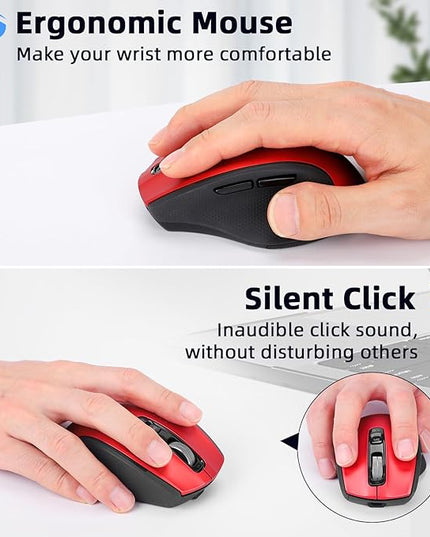 Wireless Bluetooth Mouse with USB A, USB C Receiver, Rechargeable, Multi Device Mouse, Silent, Ergonomic, Full Size, Portable, for iPad/MacBook/PC/Computer/Laptop-Red