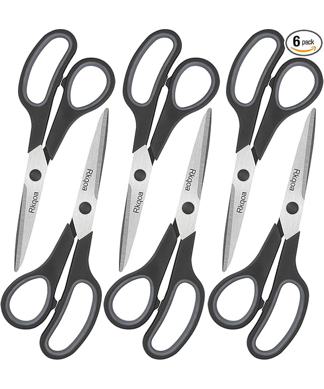 Black 6 Scissors Pack, Rkqoa 8" All Purpose Scissor - High Performance and Designed for Everyday use, Stainless Steel Shears Set with Comfort-Grip, Right/Left Handed