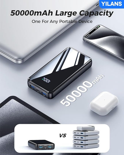 Portable Charger,50000mAh Power Bank Built-in Cable, 22.5W USB C In & Out Fast Charging, External Battery Pack with 6 Output & 2 Input, Travel Phone Charger for iPhone 17/16/15/14/13/12, Android