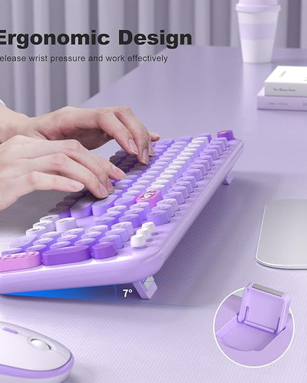 MOFII Wireless Keyboard and Mouse Combo, Full Size 2.4G Plug and Play Typewriter Retro Round Computer Keyboard and Mouse Set for Windows, Computer, Desktop, PC, Notebook - (Purple Colorful)