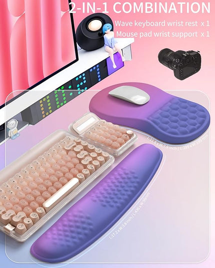 Hokafenle 2in1 Combination, Wave Keyboard Wrist Rest and Ergonomic Curvature Mouse Pad Wrist Support for Relieve Wrist Pain, Filled with Soft Cushion Memory Foam, Gradient Blue Purple
